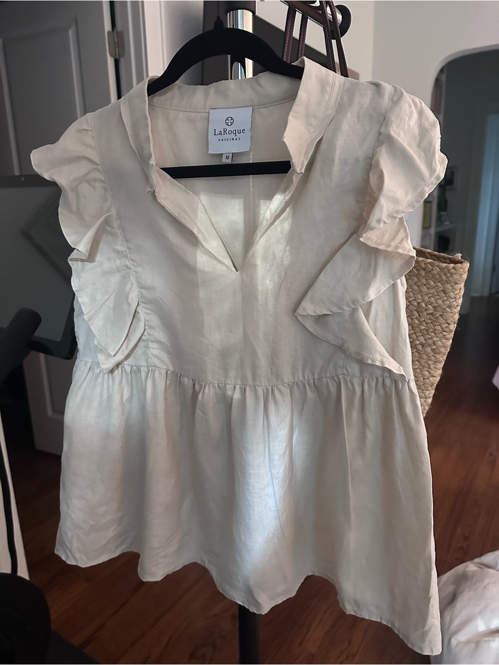 Laroque linen Cream Ruffle Sleeve V-Neck Women's Top
